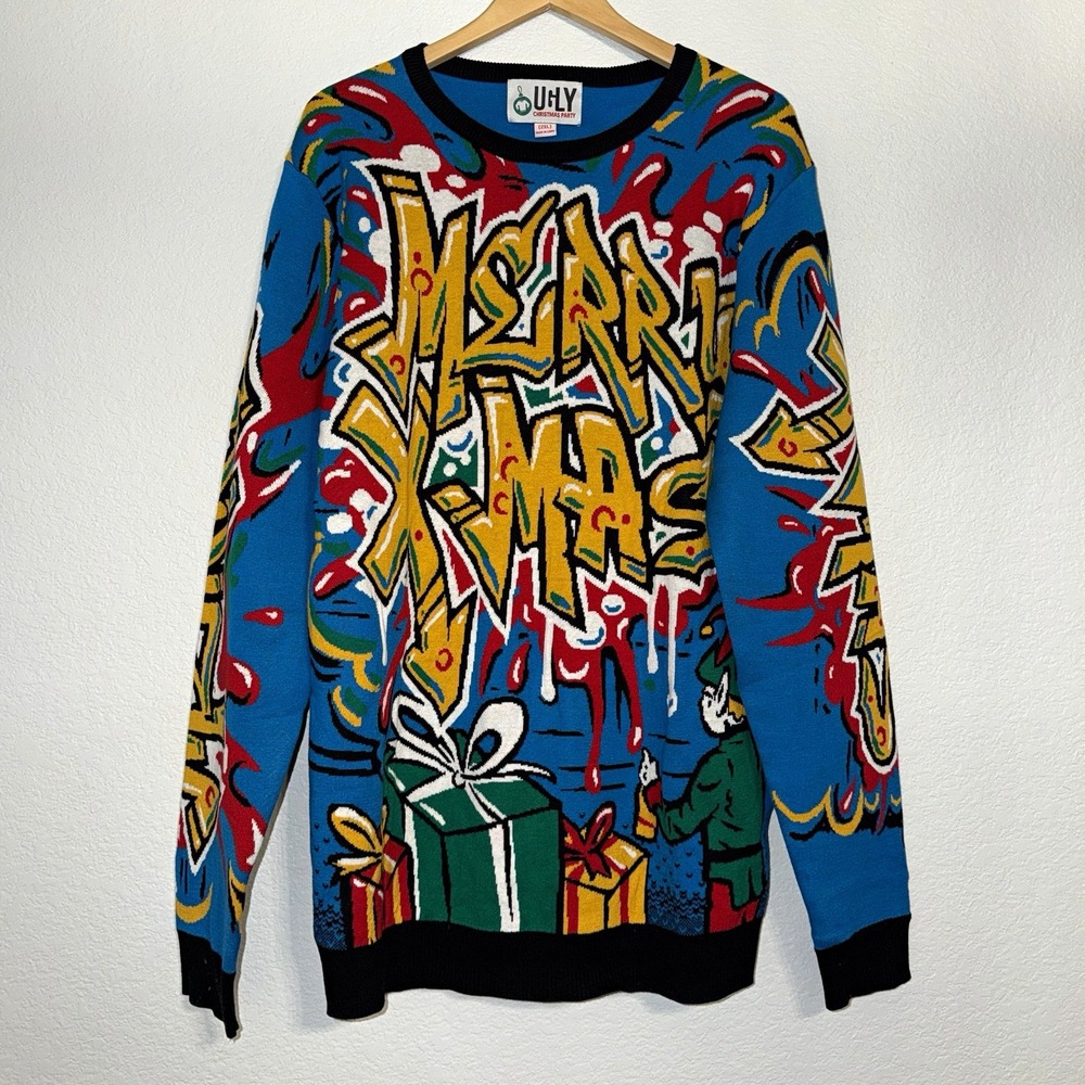 Ugly Christmas Sweater Men's 2XL Tight Knit Crewneck Elf Graffiti Pullover Blue